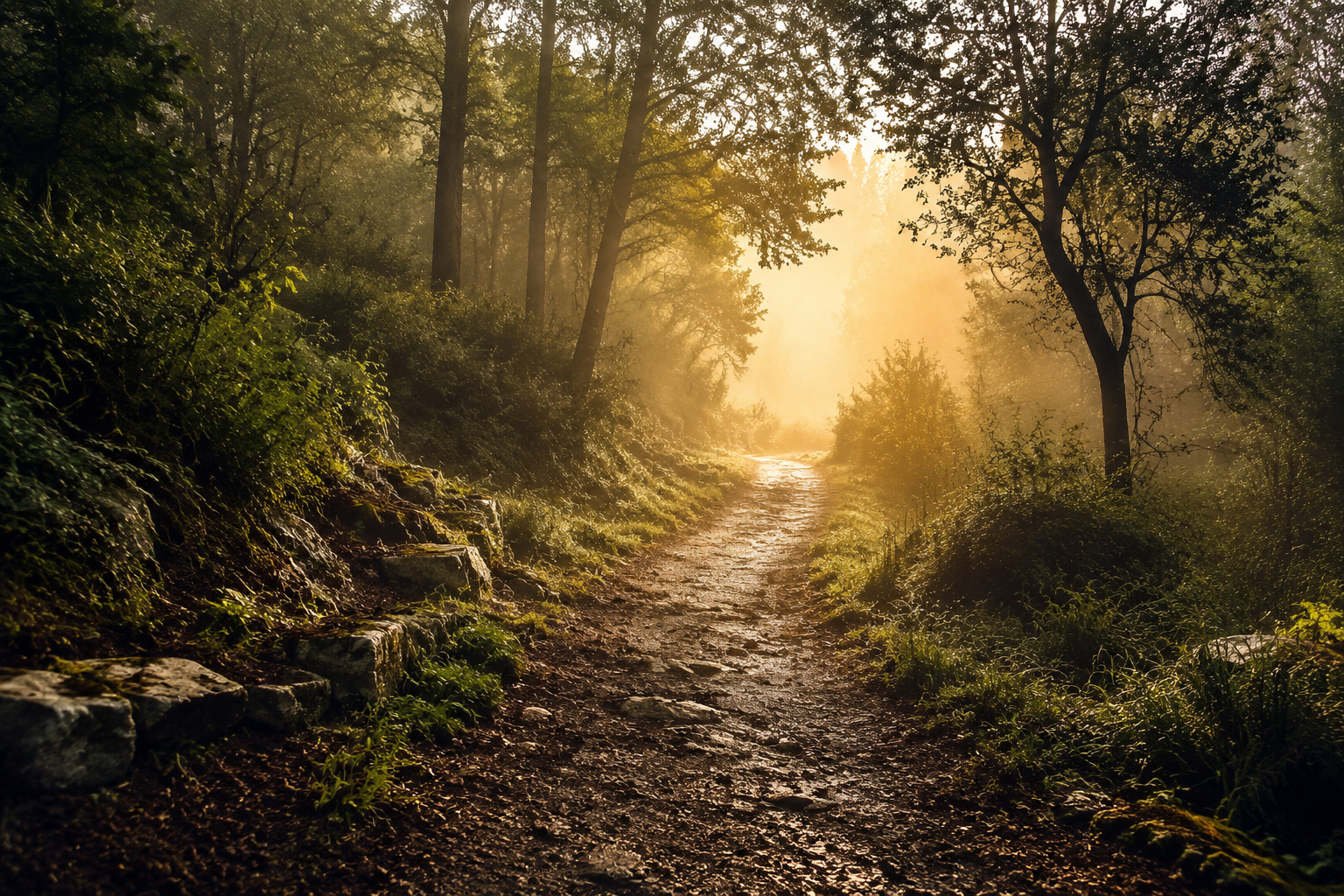 Caminho numa floresta iluminado pela luz dourada da manhã