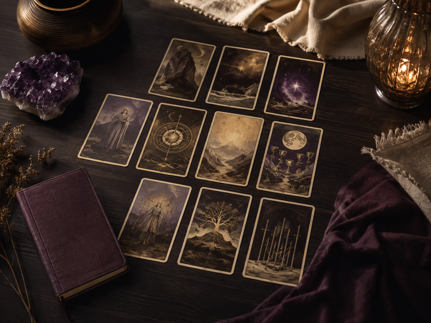 Abertura completa de cartas de Tarot numa mesa escura