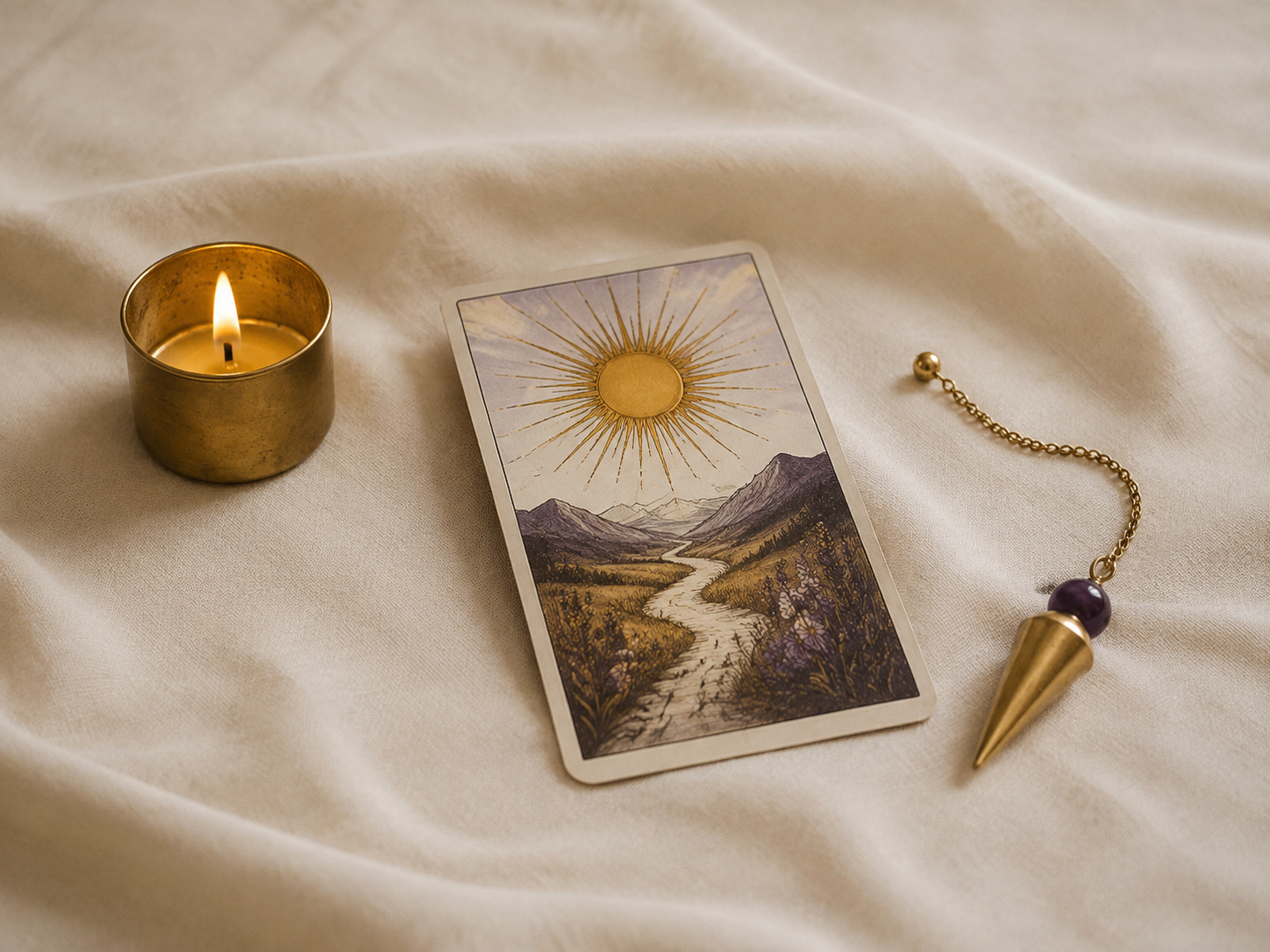 Cartas de Tarot, vela e pêndulo para uma leitura personalizada por email
