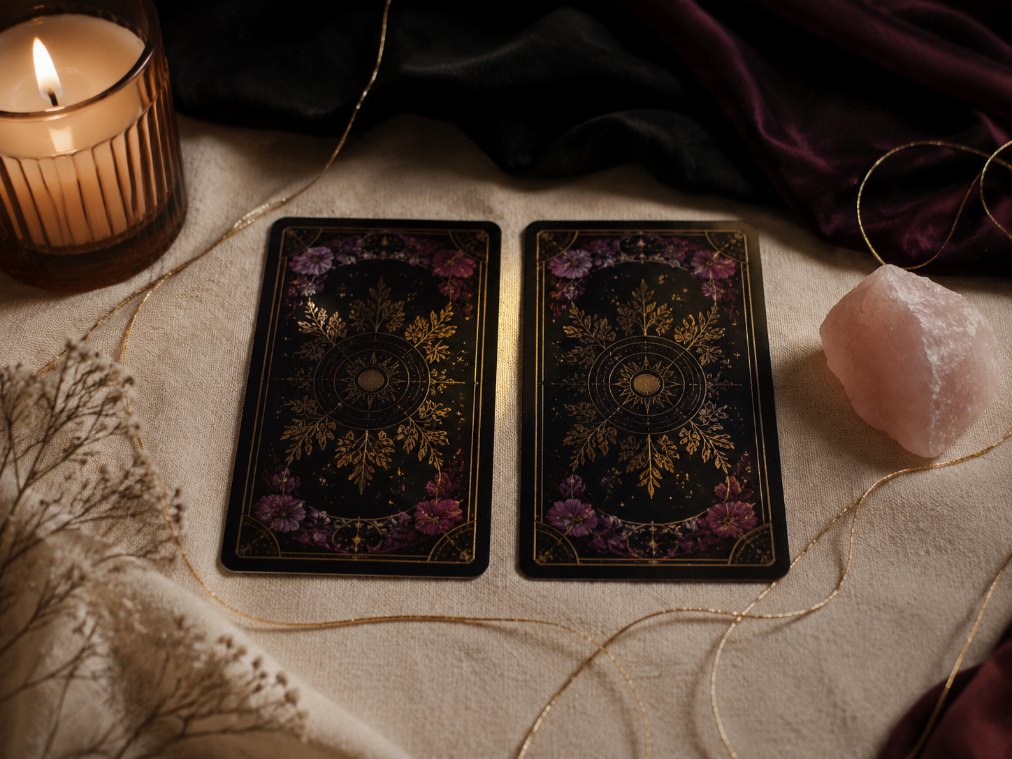 Cartas de Tarot, luz de vela e cristal rosa associados ao amor-próprio